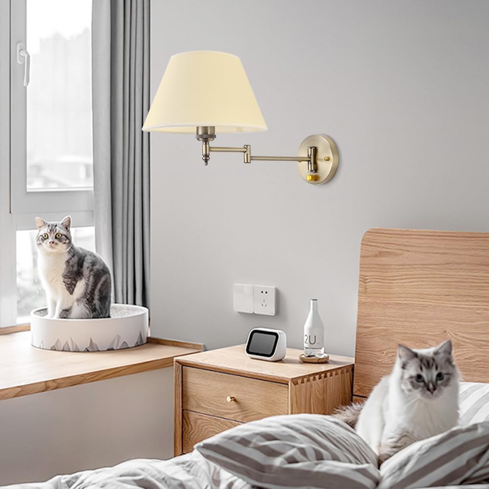 Złota lampa ścienna LED z uchylnym ramieniem, lampka nocna do sypialni, salonu, przedpokoju, wejścia, nowoczesna metalowa lampa z abażurem z tkaniny, podstawa E27