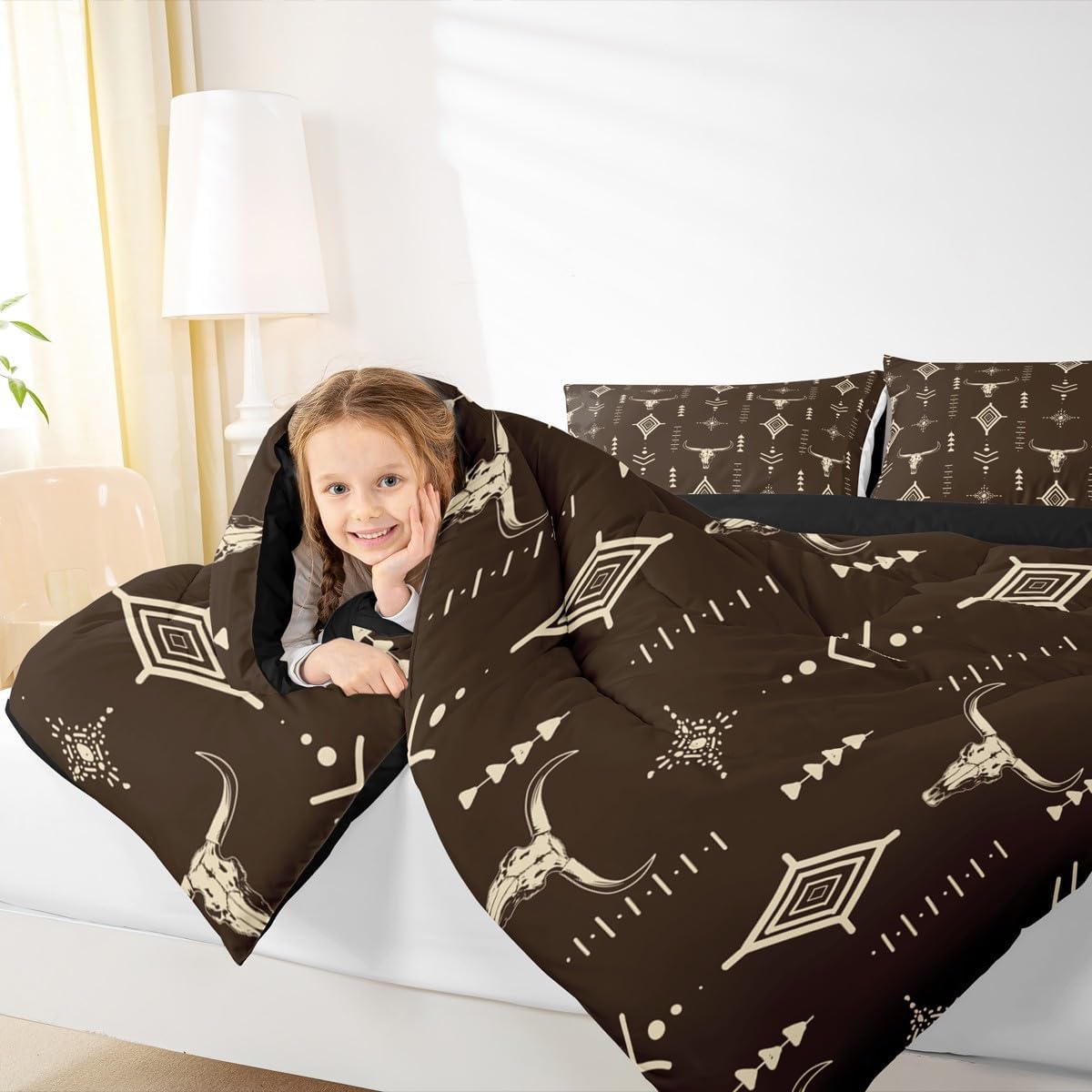 Erosebridal Western Aztec Bedding Set Twin Size Bull Skull Comforter Set for Adults Men Women Geometric Boho Cow Head Comforter Minimalist Art Room Decor Abstract Horns Brown Duvet Quilt