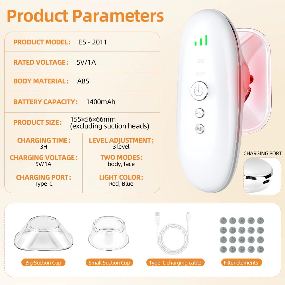 Aolso Masseur Anti Cellulite à Ventouse Électrique Palper, Quatre en un Ventouse Electrique Anti Cellulite, EMS Appareil Massage Infrarouge Minceur pour Visage, Ventre, Cuisses, Bras, Jambes