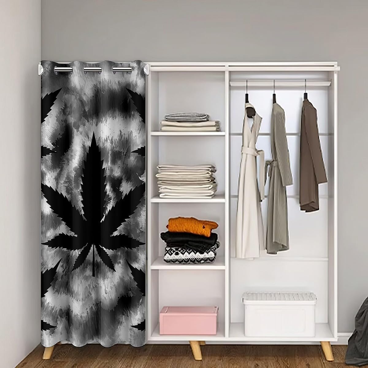 Black Leaves Doorway Curtain Gray Tie Dye Swirls Graffiti Door Curtain Privacy for Kids Teens Adults Natural Jungle Plants Decor Modern Curtain Drape for Bedroom Door Window 34" W X 80" L