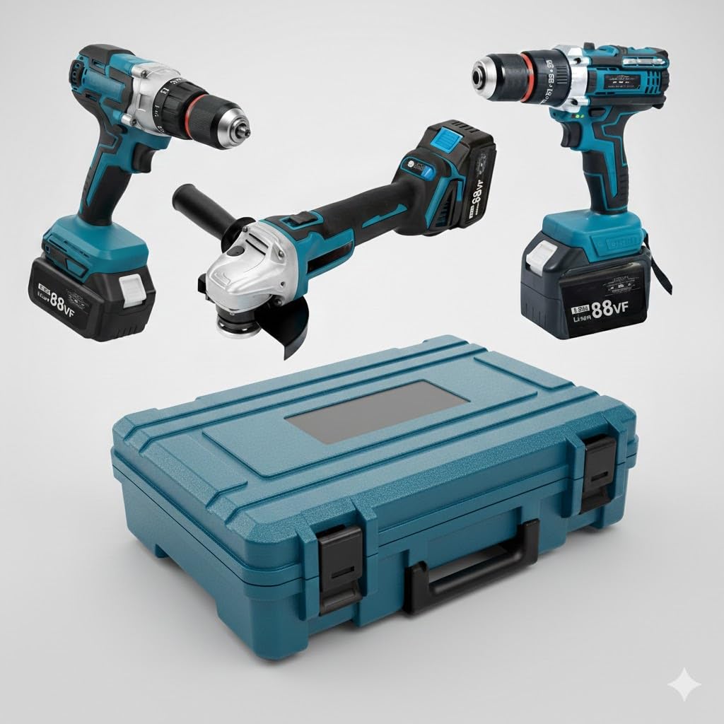 Kit Utensili 3 in 1 88V: Trapano, Smerigliatrice e Avvitatore a Impulsi - Set Cordless con 2 Batterie e Valigetta