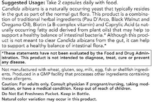 Miniatura 8 de Candida Support, flora intestinal, con PAU D'Arco, aceite de orégano, nogal negro y ácido caprílico, 90 cápsulas vegetales, un suplemento dietético