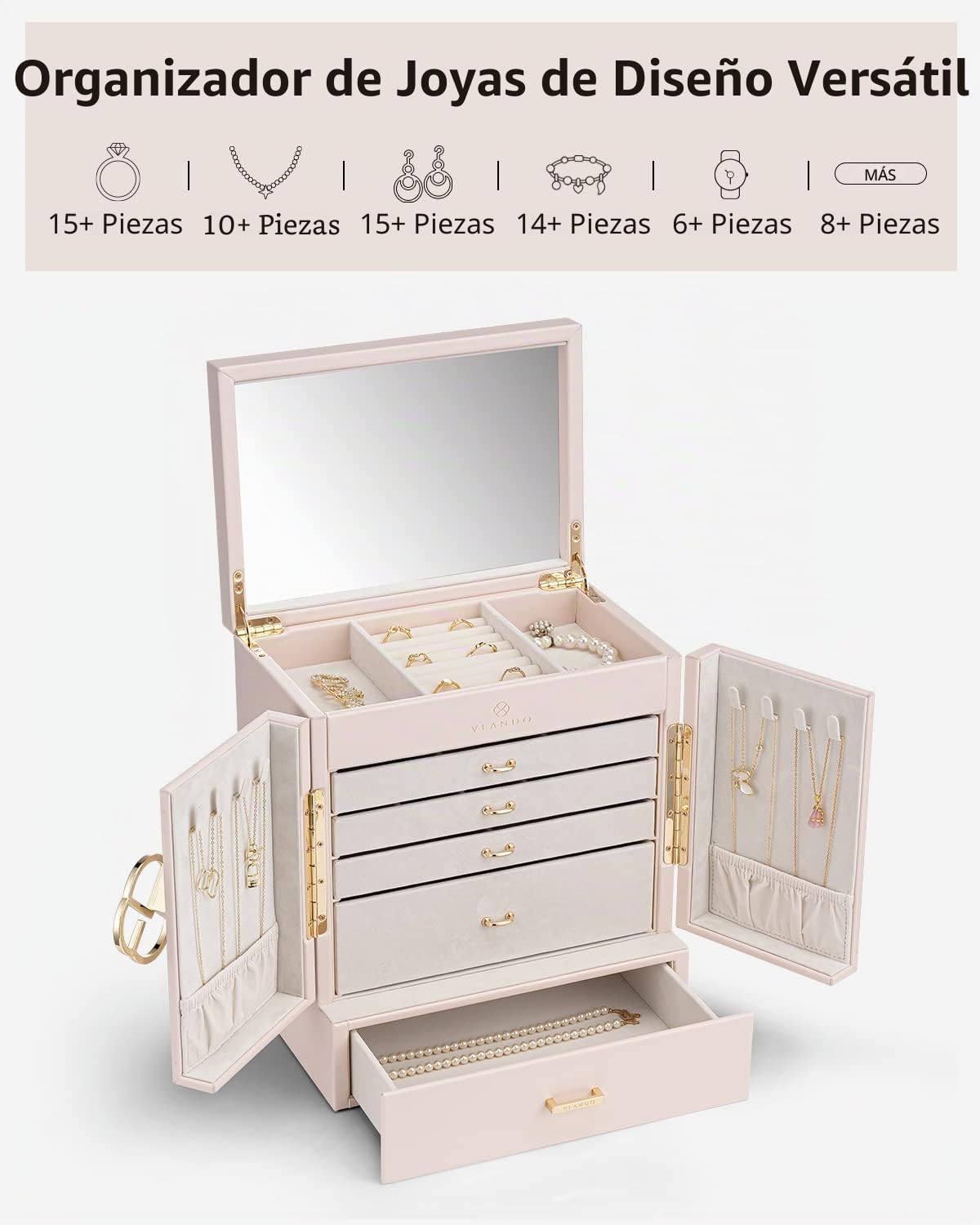 Vlando Joyero para mujer, organizador de joyas con 5 dibujos, cajas de joyería de piel sintética para mujeres y niñas, collar y anillos, caja de almacenamiento color blanco albaricoque