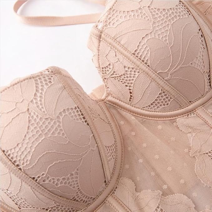 Image of Fashiol Women Lace Longline Bra | Lightly Padded Bustier Style Innerwear | Adjustable Strap Comfortable Everyday Bra and Panty Set Black and Skin