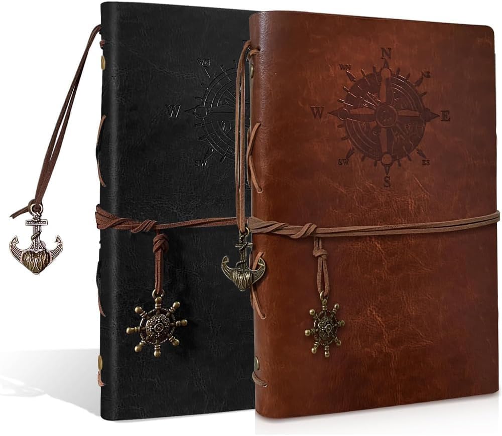 XinYangMao 2 Pieces A6 Leather Notebook, Refillable Spiral Journal Vintage Design in Black & Brown, 80 Sheets Blank Pages Faux Leather Notebook for Travel, Journaling for Men & Women