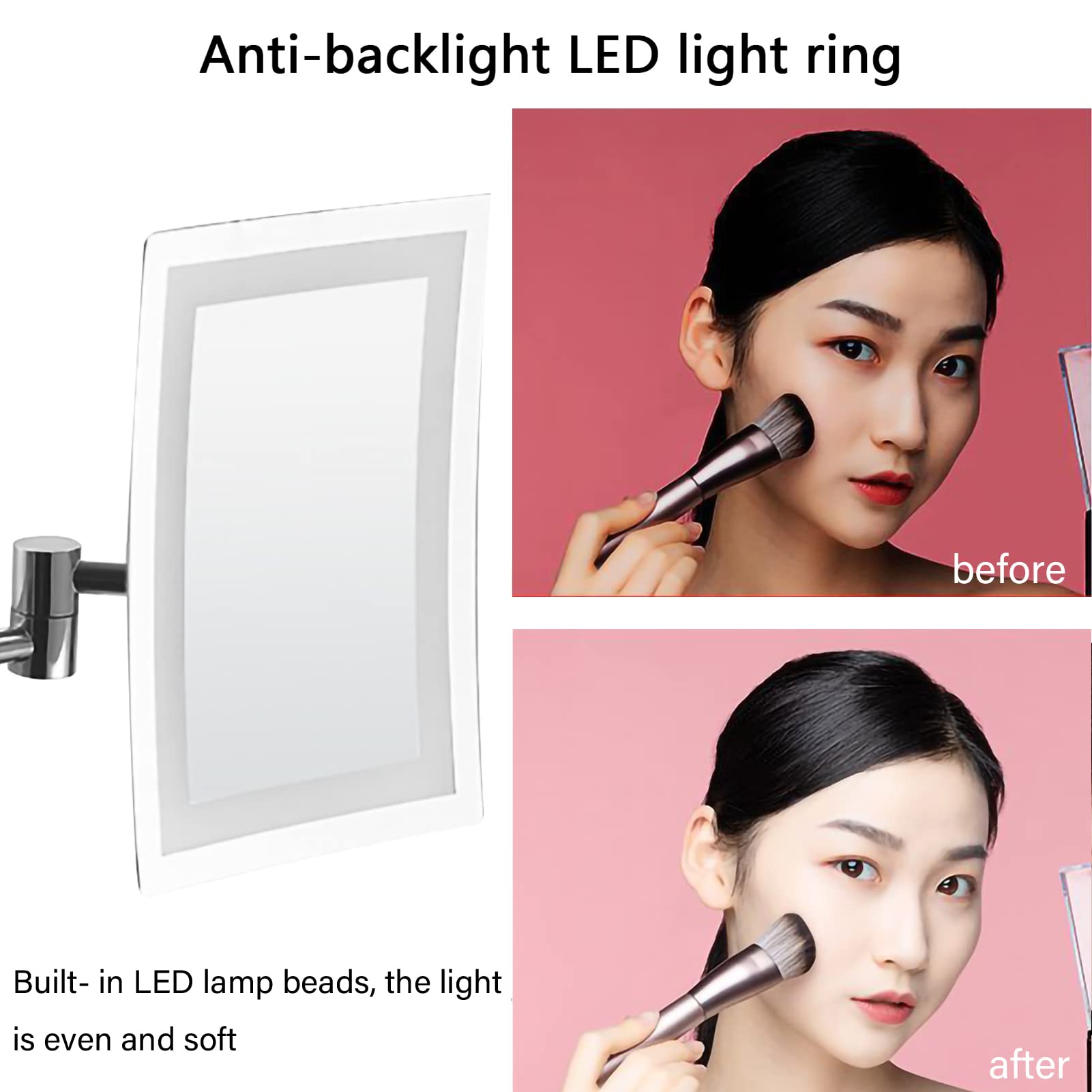 Miroir de Courtoisie Carré Extensible Mural, Pliant Miroirs de Maquillage avec Bras Extensible, Miroir de Rasage de Salle de Bain avec LED et Grossissement 3x (Rectangular Bottom Silver Plug)