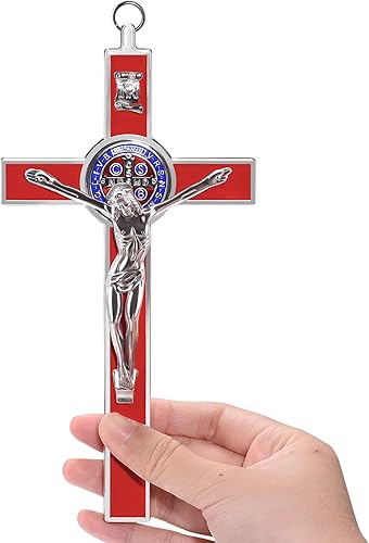 Crucifijo grande de 7 pulgadas con cruz de pared con fianza, esmalte de metal, medalla de San Benito, arte de pared con cruz INRI, regalo de fe para