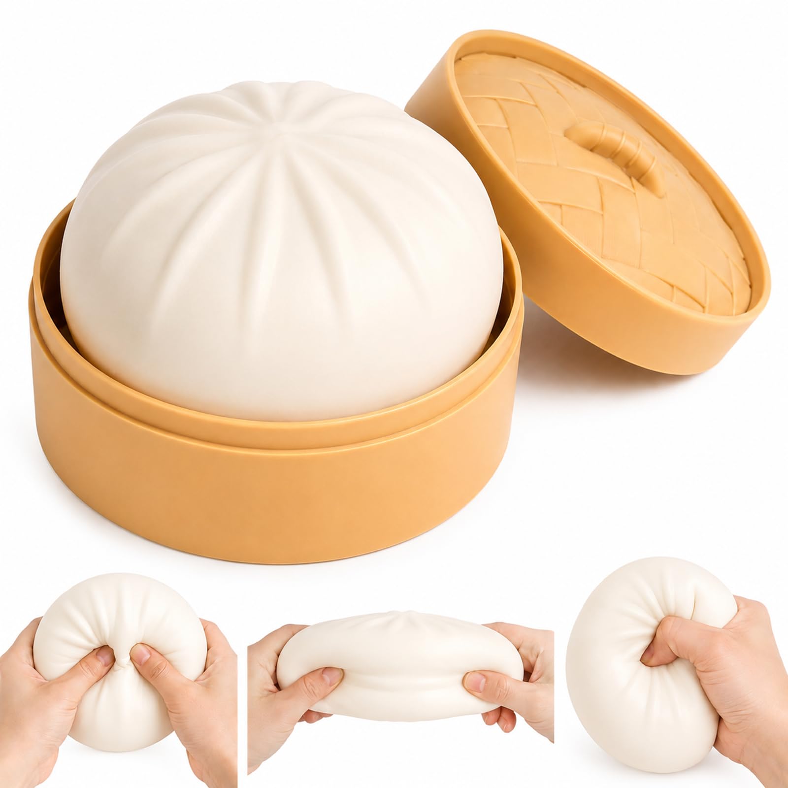 Bao Bun Mystery Dumplings Squishy, Soft Simulation Food Item with Steamer Basket, Sensory Play Item, Large Size White Bun with Seal, Approximately 160g, Single Piece Set