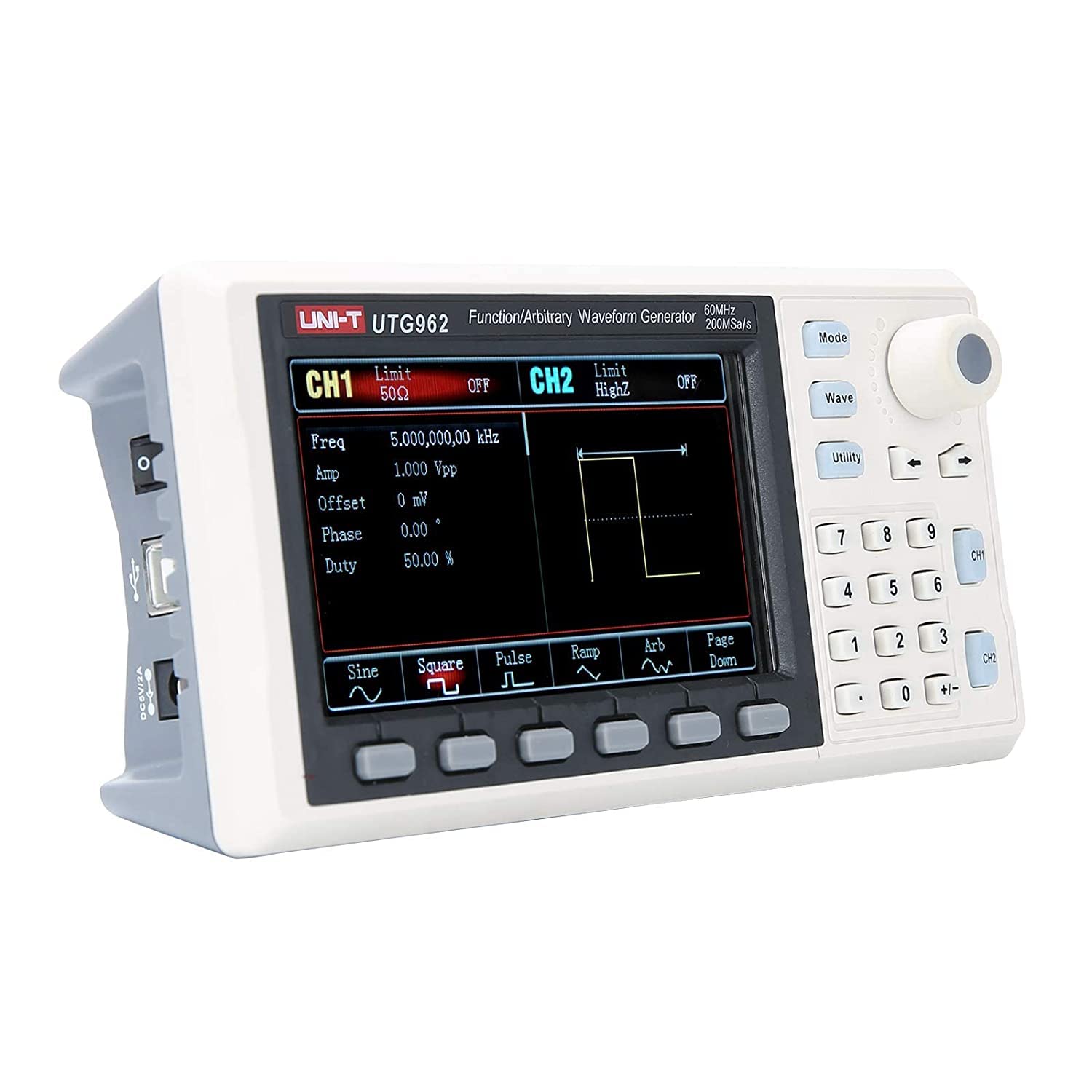 UNI-T UTG962E Generatore di segnale, DDS 60 MHz Function Arbitrary Waveform Generator con TFT LCD da 4,3 pollici, misuratore di frequenza 200 MSa/s a 2 canali (110-240 V EU Plug)