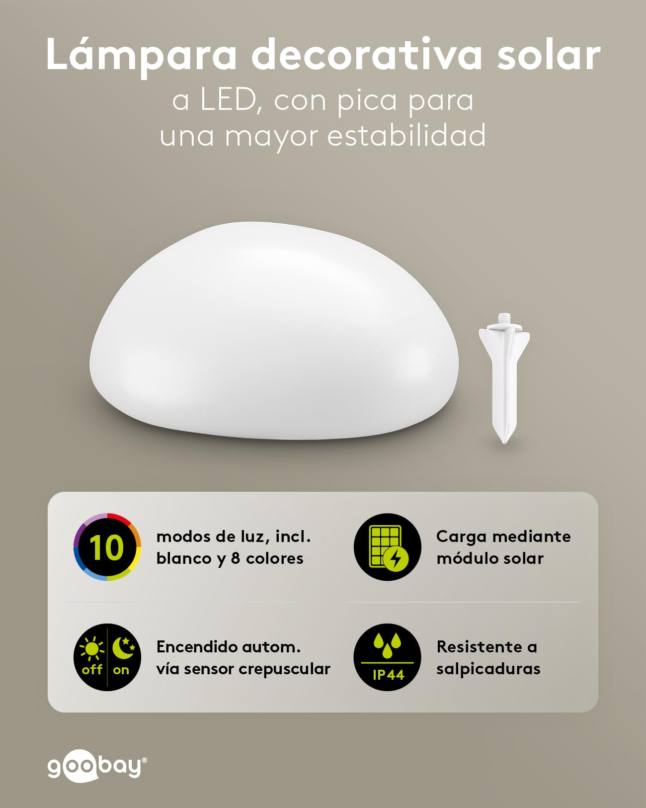 goobay Set de 2 Lámparas solar LED Piedra RGB 24cm para jardín y exterior, esferas IP44 impermeables, luz ambiental con 10 modos, resistente a la intemperie, ideales para terraza y balcón, con estaca
