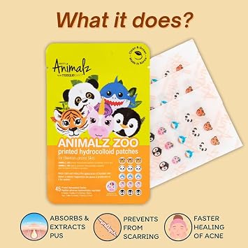 masque BAR Pretty Animalz Acne Printed Hydrocolloid Patches - Extracts Oil and Impurities, Conceals Blemishes and Acne