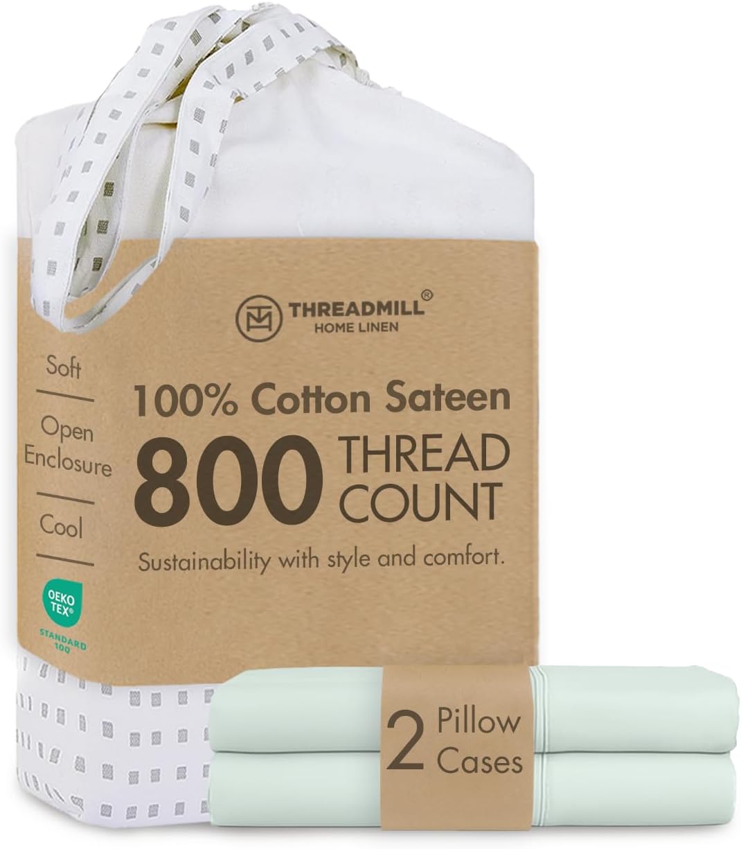 Threadmill Luxury King Size Pillow Cases 2 Piece Set| 800 Thread Count Sateen Weave | 100% Cotton Pillow Covers | Extra Long Staple Cotton | Comfortable Seaglass Pillow Protectors