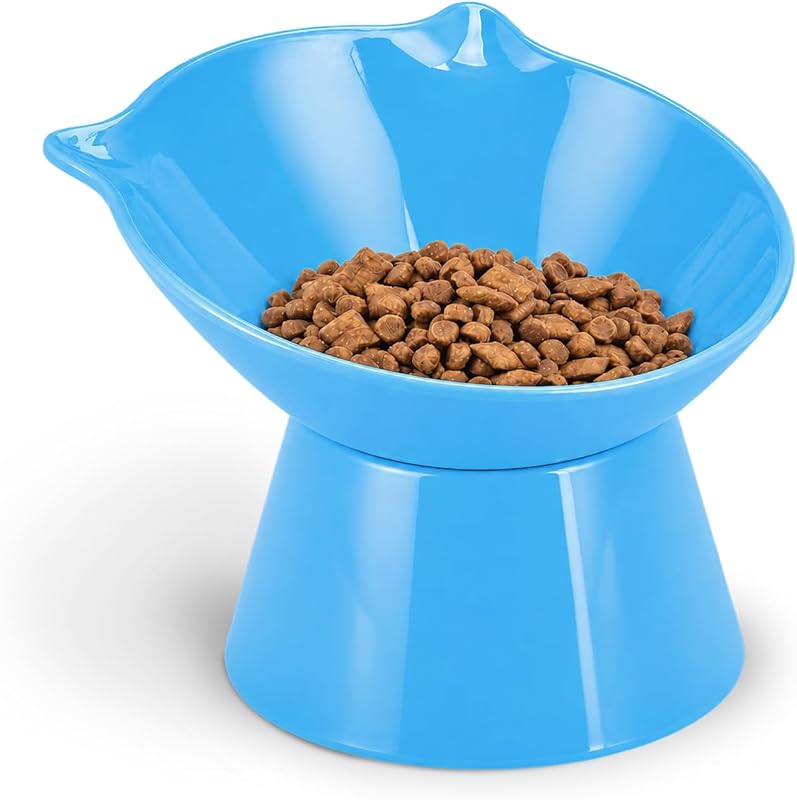 Comedouro elevado para gatos VOOTUN em resina MF, raso, inclinado a 15° e removível, Azul