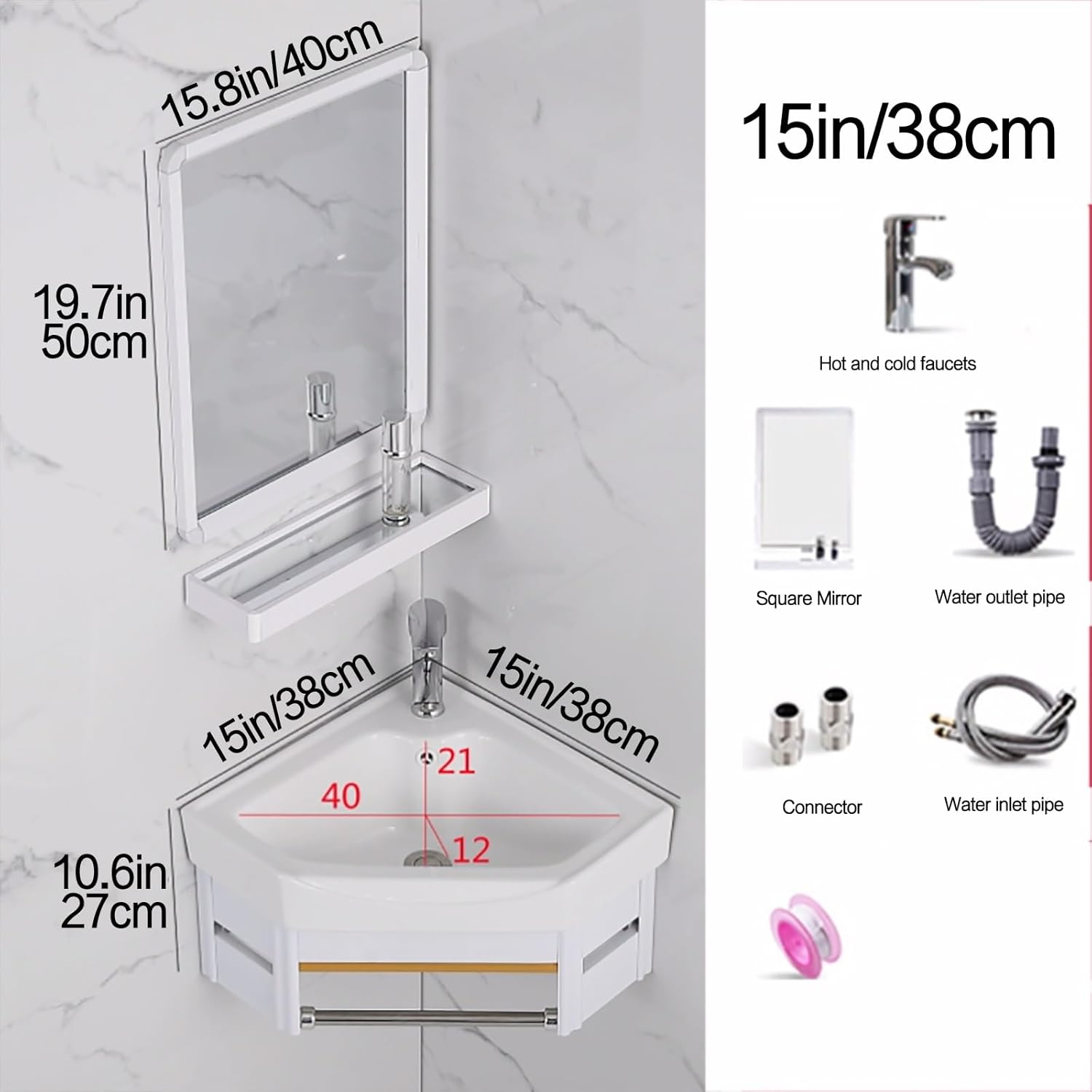 Modern Small Corner Wall Mount Bathroom Sink Combo with Mirror & Hot/Cold Faucet, White Vessel Vanity Cabinet with Overflow – Ideal for Kitchen & Home,