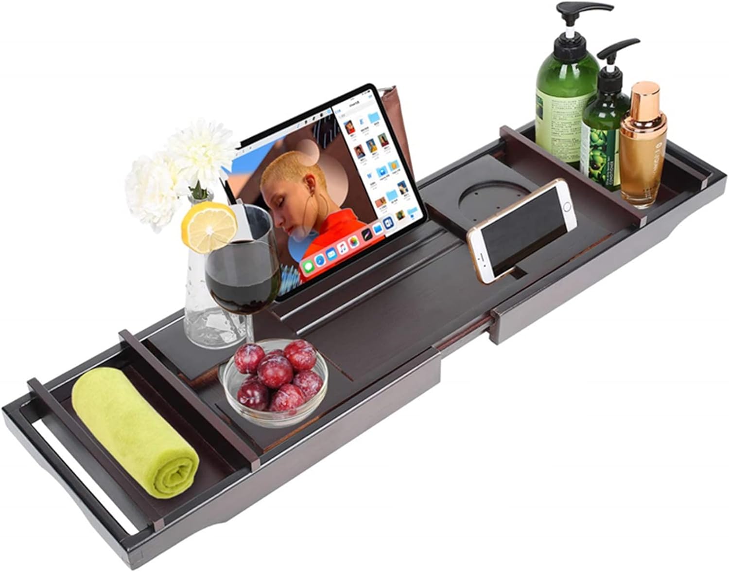 Bamboo Bathtub Tray Caddy, Expandable Bath Tray with Book/Tablet and Wine Glass Holder, Bathroom Organizer for Luxury Bath,Pink