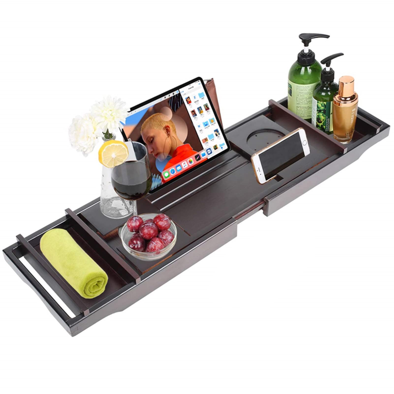 JKJZSALJ Expandable Bamboo Bathtub Tray Caddy With Wine Glass & Tablet Holder - Luxury Bathroom For Relaxing Baths Perfect For Reading & Enjoying Drinks-Brown