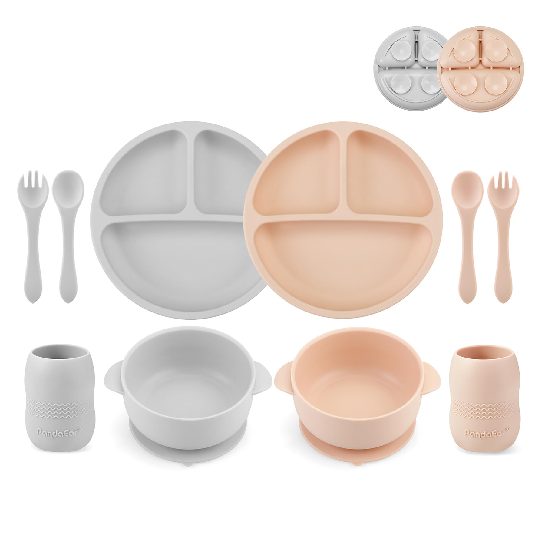 PandaEar Silicone Feeding Set, Pink Gray