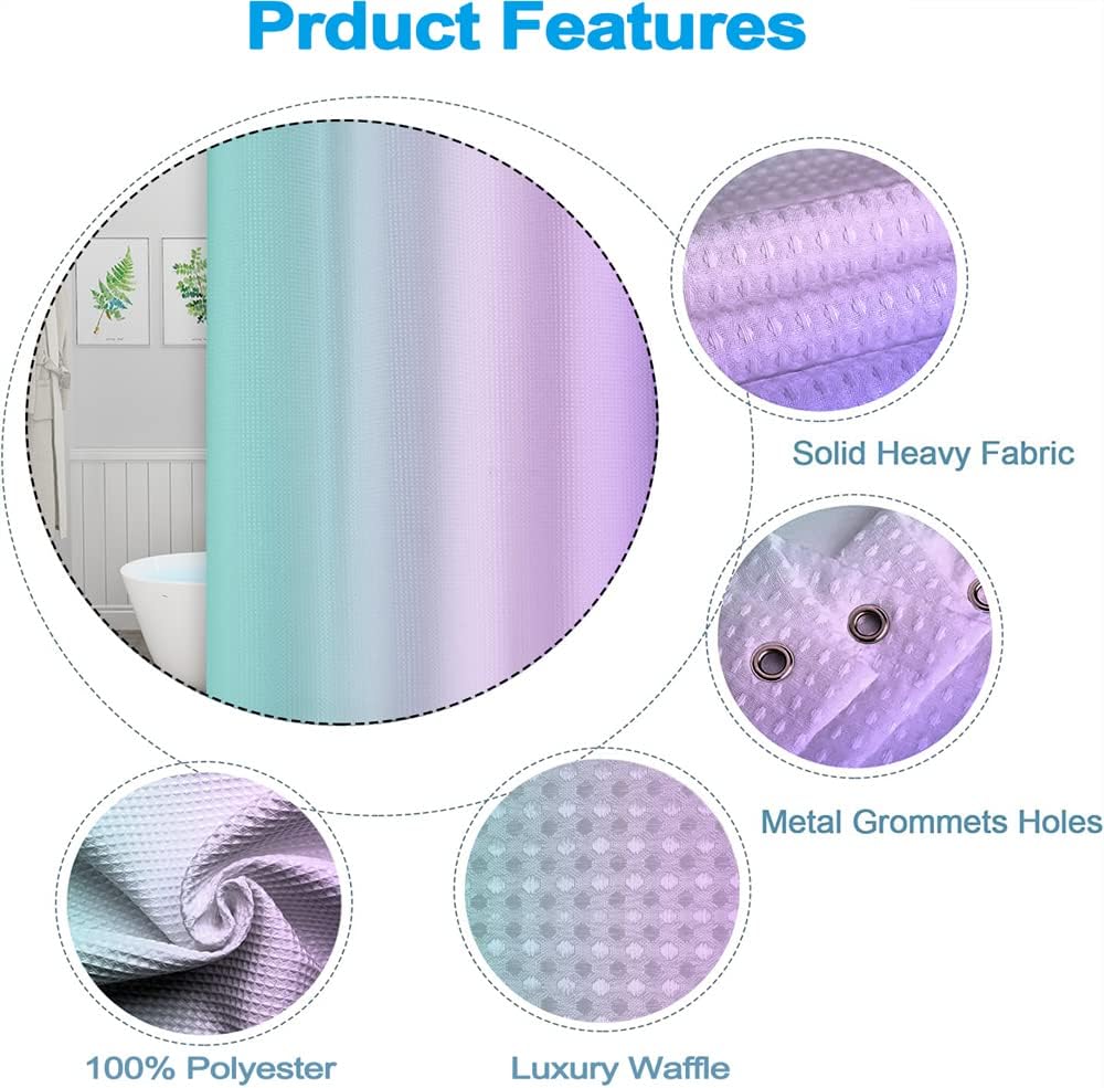 Rainbow Waffle Shower Curtain for Girls Gradient Blue Purple Bathtub Curtain for Bathroom Decoration Luxury Polyester Fabric Shower Curtains with Stainless Still Hooks 72x72 inches