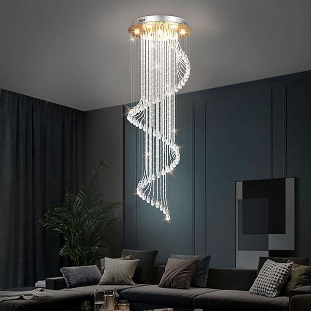 PCXEHUYP K9 Crystal Staircase,Raindrop Long Chandelier High Ceiling,Creative Hanging Lamp Adjustable Height,Crystal Ceiling Light Fixture for Villa,Foyer,Entrence,