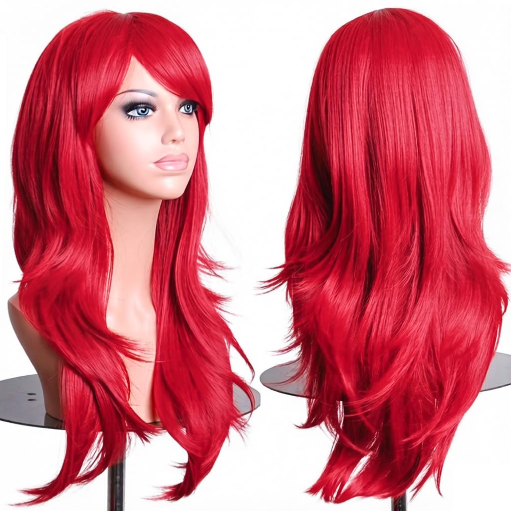 PORSMEER 70 cm/28 inches Charming Long Wavy Full Hair Wig Anime Cosplay Halloween Costume Party Heat Resistant Synthetic Wigs for Women Girls (Red)