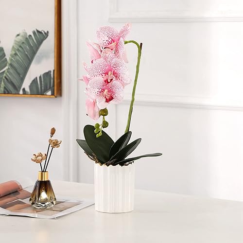 Miniatura 1 de KINBEDY Orquídeas artificiales de seda de bonsái Phalaenopsis con jarrón para decoración del hogar, oficina, fiesta, boda, flores rosadas