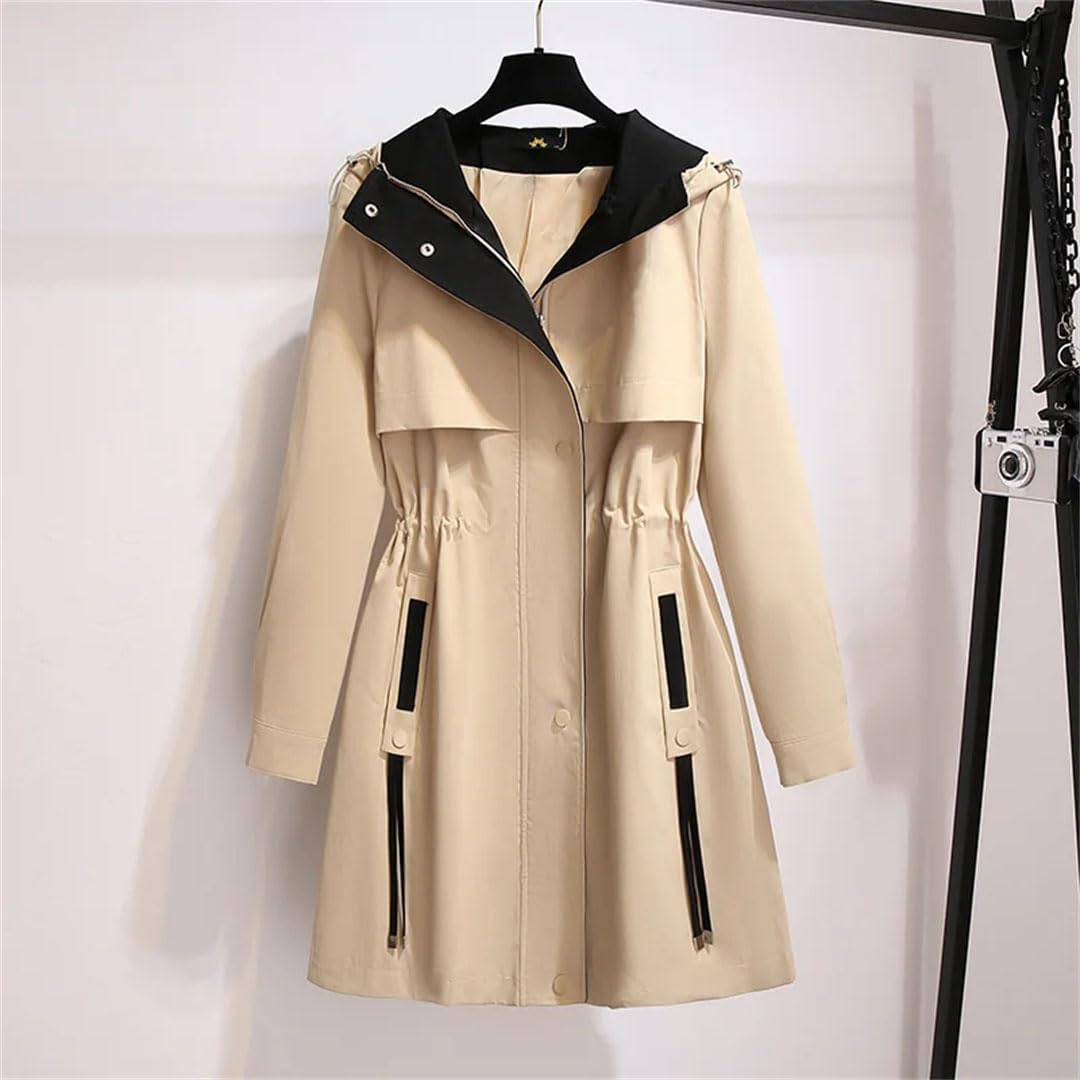 Women's Windbreaker Hoodies Long Trench Coat Tops Female Spliced Colour Zip-Up Loose Outerwear