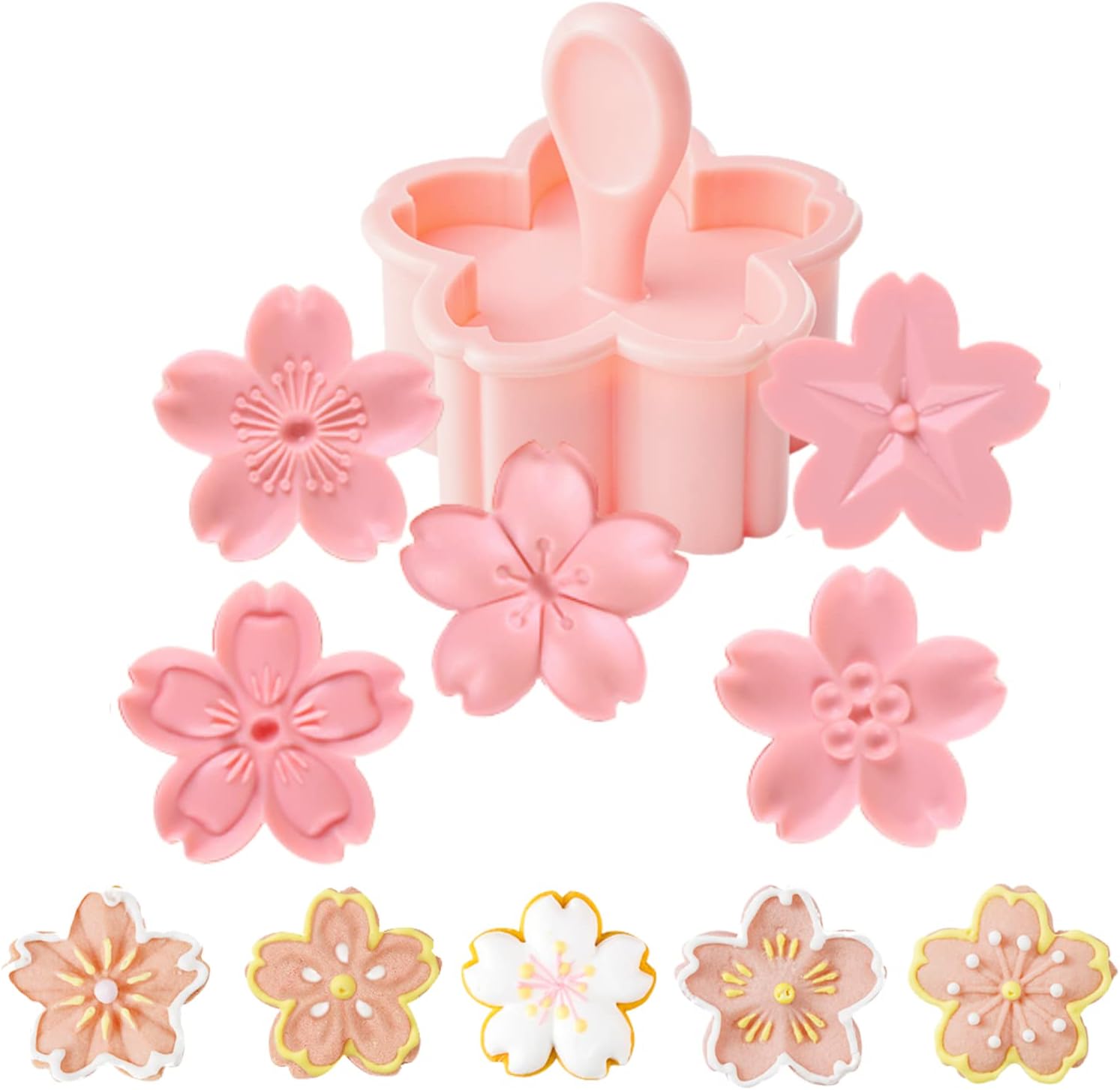 Crethinkaty 5 Styles Cookie Mold Stampers Cherry Blossom Pastry/Stamper Pink Cherry Blossom Shape Flower Hand Pressure Pastry Tool Fondant Cutters Set for Baking