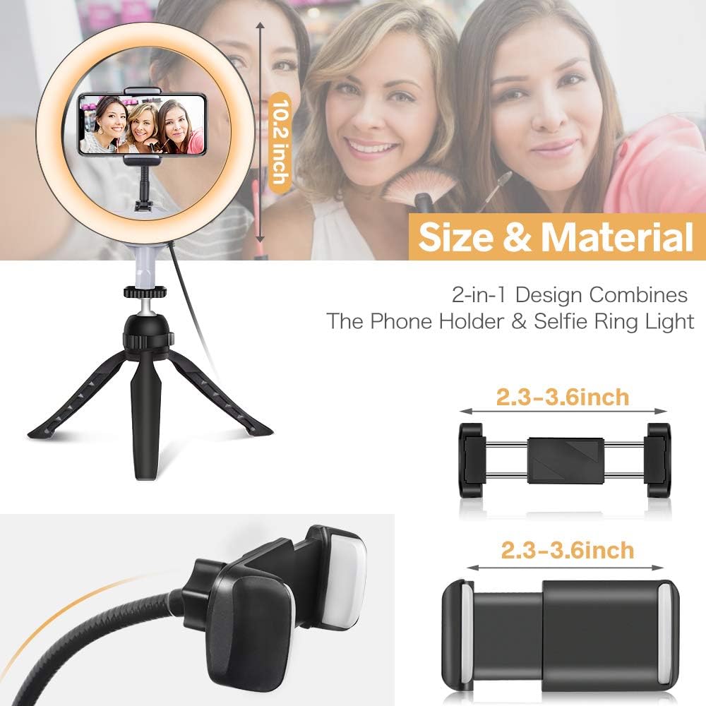 Popular 10 LED Ring Light with Tripod Stand & Phone Holder, UBeesize Dimmable Desk Makeup Ring Light, Perfect for Live Streaming & YouTube Video, Photography, 3 Light Modes and 11 Brightness Levels