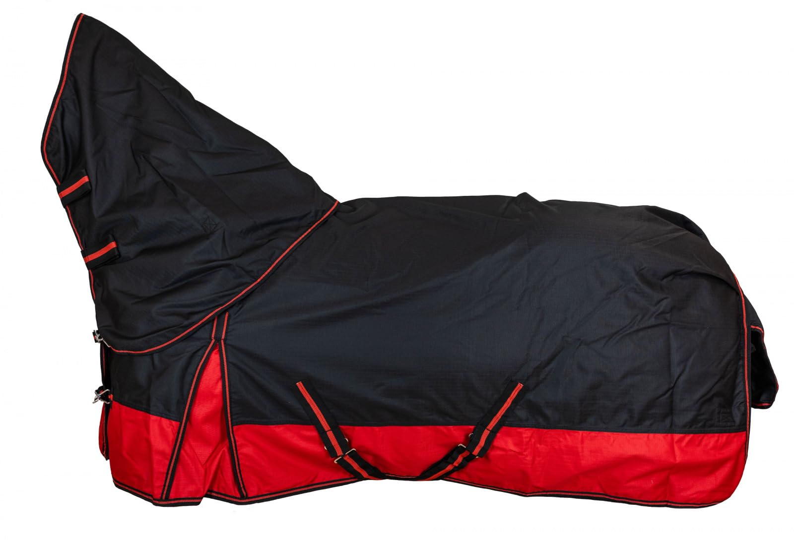 RL24 - Weidedecke Full Neck Basicline 600D Schwarz/Rot 135 cm (300g/m²) | Nylonfutter mit Füllung – Pferde Winterdecke – wasserdichte Outdoordecke mit Kreuzbegurtung – Pferdedecke