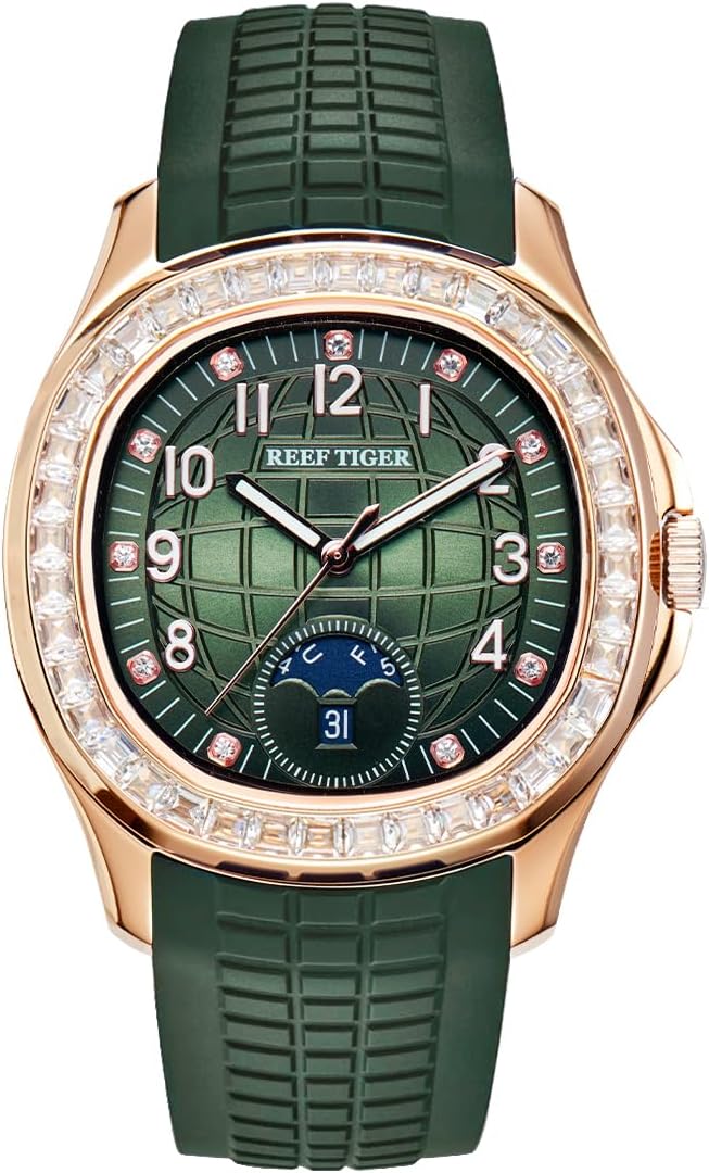 Luxury Rose Gold Diamonds Square Blue Dial Automatic Watch for Men Multi-Functional Luminous Rubber Band Sport Watches RGA1805