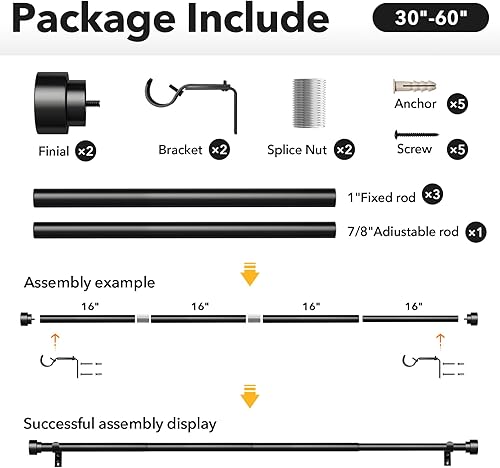 Miniatura 7 de Barras de cortina resistentes para ventanas de 28 a 48 pulgadas, juego de cortineros negros ajustables de 1 pulgada con fácil instalación y diseño