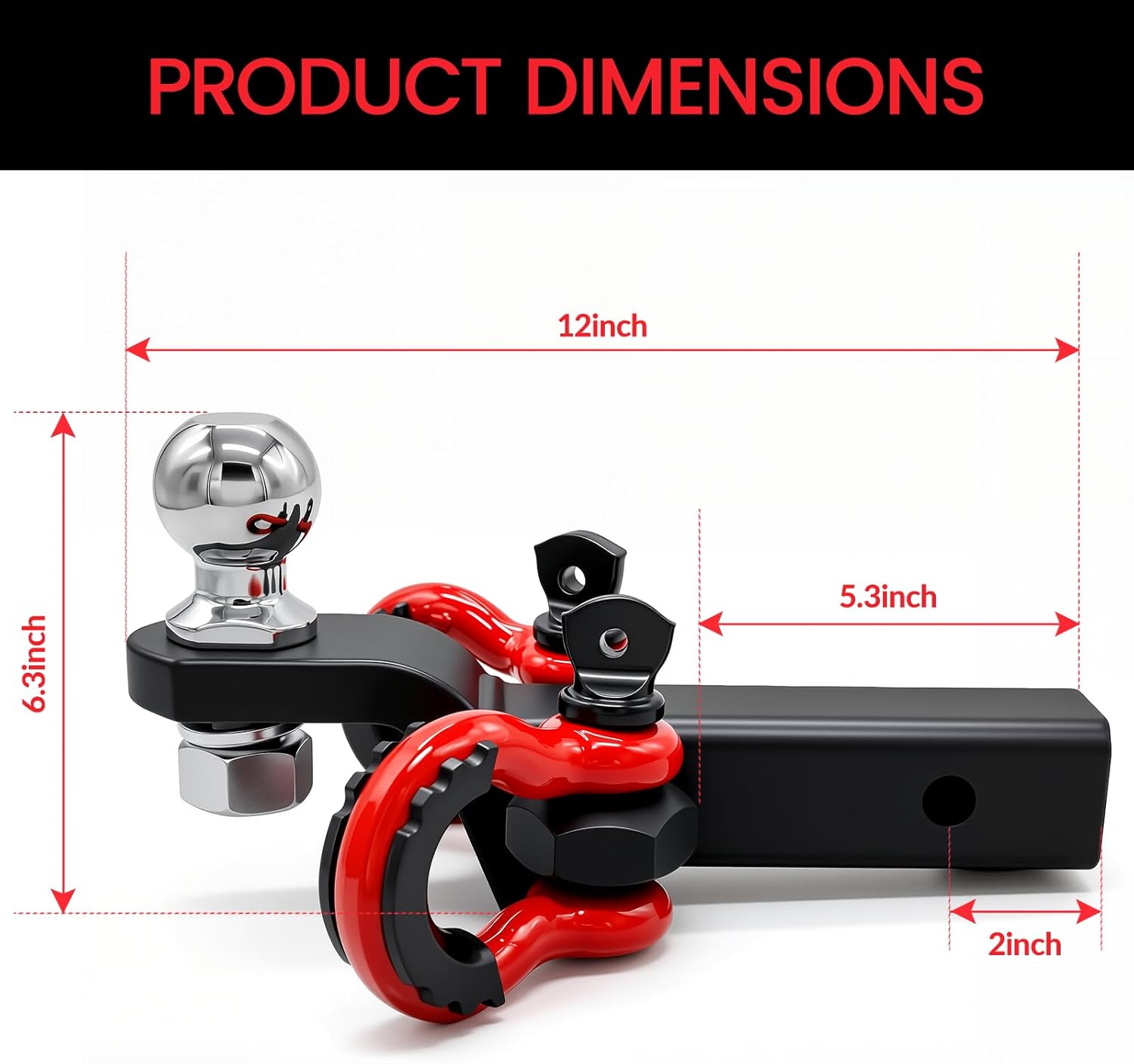 Trailer Hitch Ball Mount with 2 D Ring Tow Shackles Compatible with 2" Hitch Receiver 7500 lbs Capacity, 2" Ball Hitch and 3/4" Red Shackle Combo Suitable for Trucks, Suvs, Sedans, and Other Vehicles