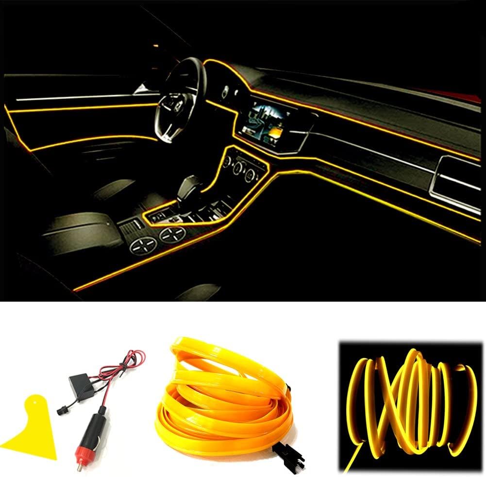 Kalakila Yellow El Wire, 3M/9.8FT Neon Tubes Lights Kits DC 12V with 6mm Sewing Edge for Car Interior Decoration.…