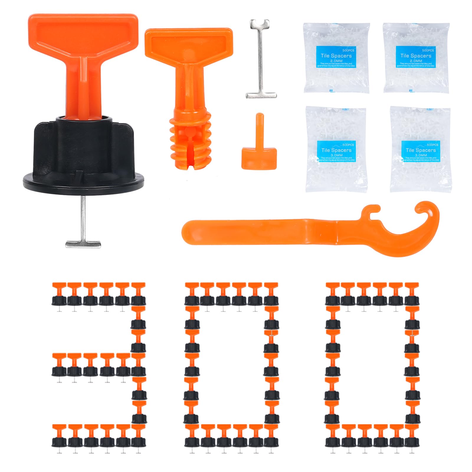 Reusable 1/16" Tile Leveling System Kit (300pcs) w/ 1000 1/12" 1000 1/8"Cross Spacers + 6 Wrenches & 40 Steel Pins - Professional Floor Installation Tools(300pcs (Red)