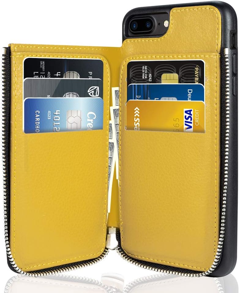 LAMEEKU iPhone 7 Plus Wallet Case, iPhone 8 Plus Leather Case, Shockproof Apple 7 Plus Credit Card Holder Cases for Apple iPhone 7 Plus/8 Plus 5.5"-Yellow