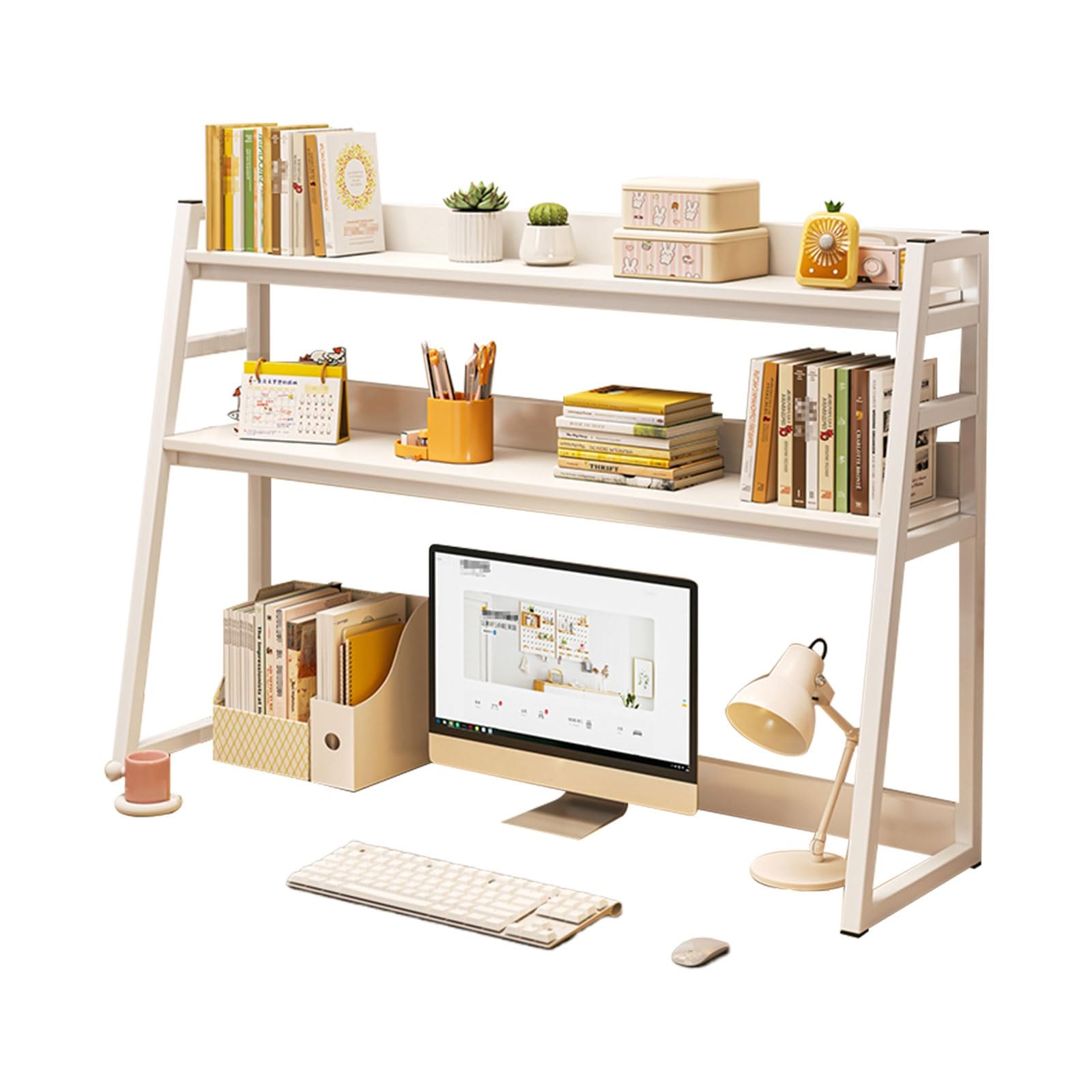 Generico Scrivania Moderna a 2 Ripiani con vani a Giorno, Robusta Struttura in Acciaio, Elegante Finitura Bianca, Perfetta per L'Ufficio Domestico e la Camera da Letto, Design salvaspazio.