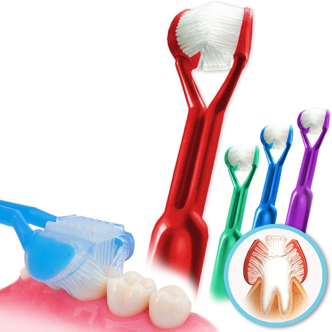 4-PK 3-Sided Toothbrush | Easily Brush Better | Easy to Clean Even The Hard to Reach Areas Along The Gum Line | Perfect for Adults and The Whole Family | Made in USA.