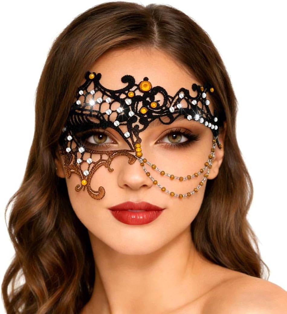 Yalice Women Masquerade Lace Mask for Costume Party Shiny Beads Half Face Mask with Rhinestones Ball Accessories