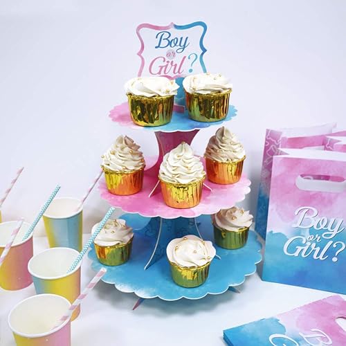 Miniatura 4 de Soporte para cupcakes para fiesta de revelación de género, decoraciones para baby shower, soporte para cupcakes, suministros de fiesta azul y rosa