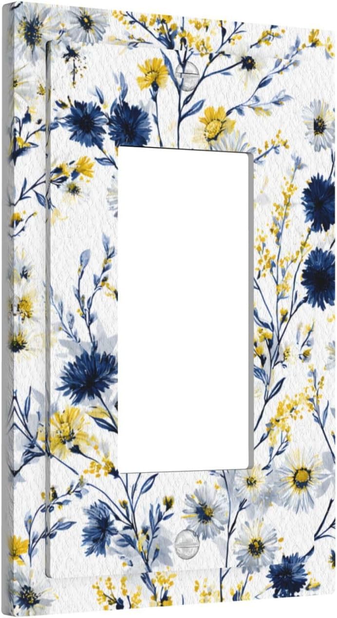 Decorative Outlet Covers Rustic Blue Flower Yellow Floral 1 Gang Rocker Light Switch Cover Plate Single Wall Plates for Electrical Outlets Switch Plate Covers Faceplate for Country Home Decor