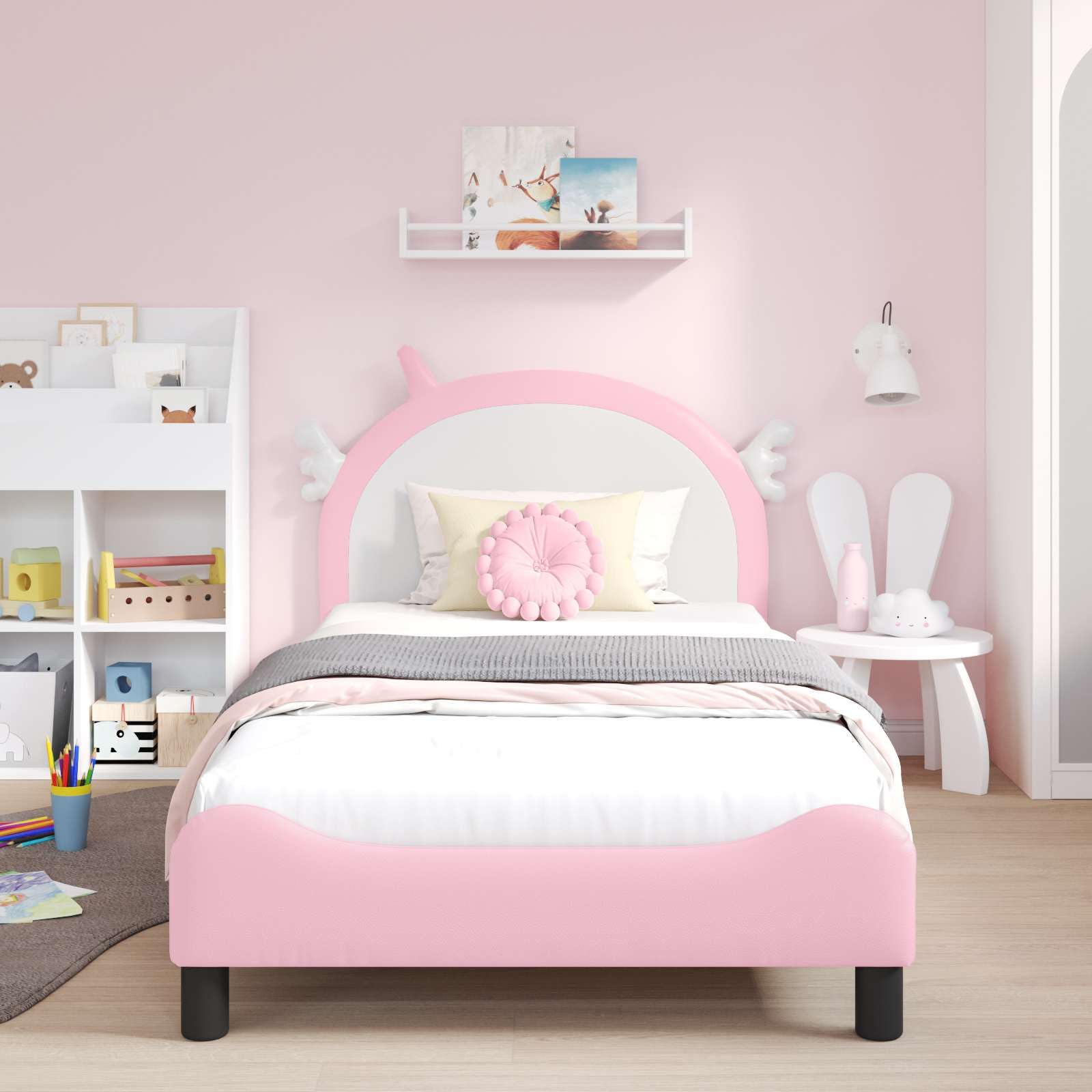 Nowoczesna drewniana rama Minimalistyczny design Różowy 80 x 200 cm | Łóżko Dziecięce 80x200 cm z Ramą i Zagłówkiem Różowy PU Nowoczesny Stelaż z Pojemnikiem na Książki
