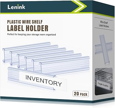 Lenink 20Pcs Wire Shelf Label Holders,Plastic Wire Rack Label Holder Compatible with Metro and Nexel 1-1/4in Shelves,Label Area 6in Lx1.25in H Label Paper Not Included
