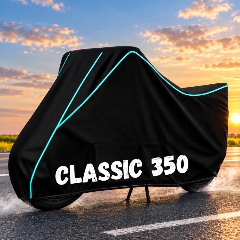 Image of Bike Body Cover for Classic 350 - Heavy Duty Waterproof, Dustproof & Scratch Resistant Motorcycle Cover, Full Body Outdoor Cover with UV & Rain Protection, Black Aqua Piping