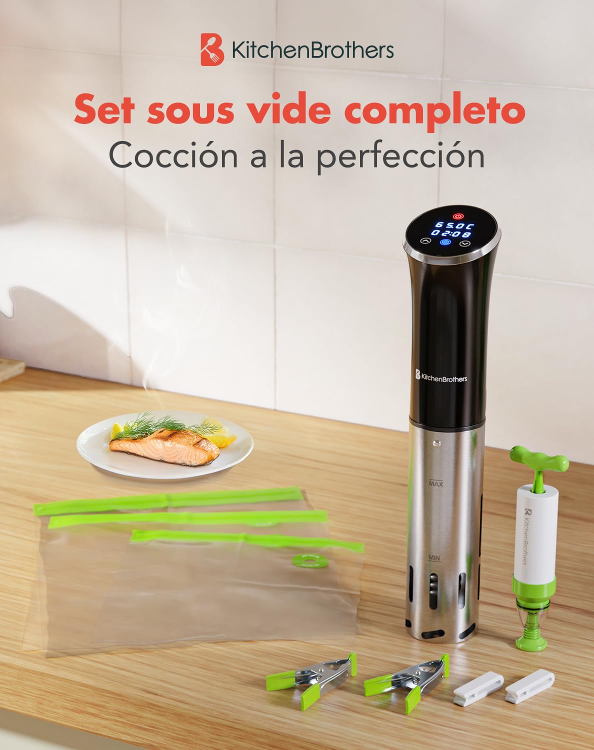KitchenBrothers Sous Vide - Roner Cocina Baja Temperatura - Electrodomesticos y Accesorios de Cocina - Completo con Libro - 0 a 95℃, Ajustable en 0,2℃ - 1200W (Negro con accesorios)