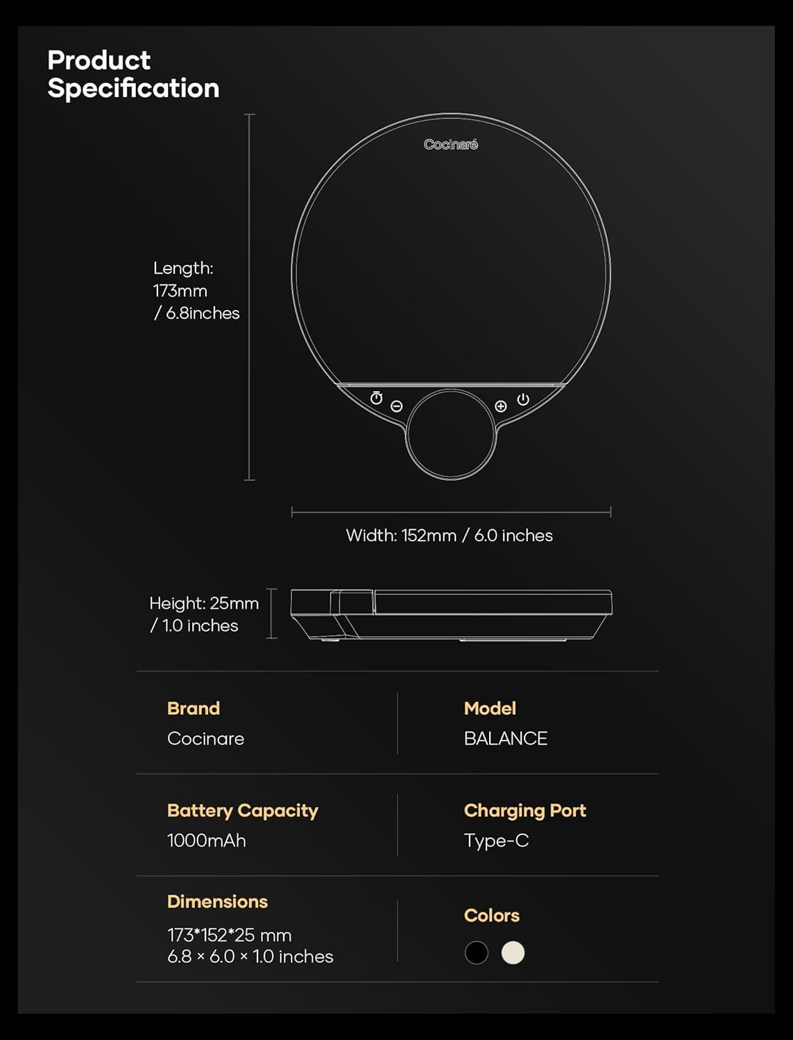 Diagram showing the dimensions of the Cocinare Balance Digital Coffee Scale