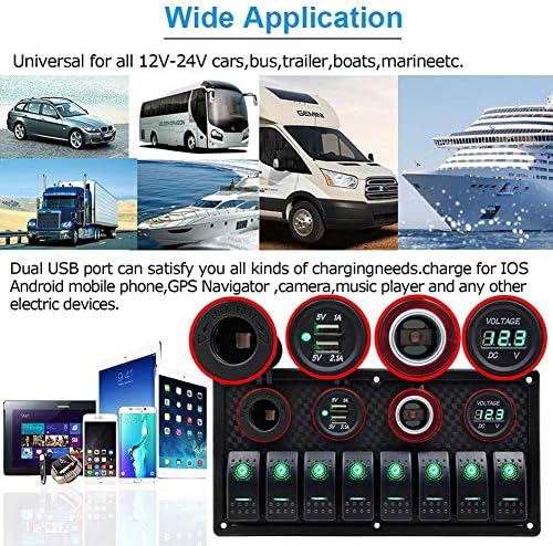 CT-CARID 8 Gang LED Toggle Rocker Switch Panel,12V/24V Digital Voltage Display Dual USB Charger Port Waterproof for RV,Boats,Cars(Green)