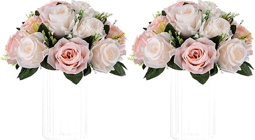 Miniatura 27 de NUPTIO Centros de mesa de flores para mesas de boda: arreglo de 6 piezas de flores artificiales rosas y blancas para bodas y fiestas - Rosas Rosa y