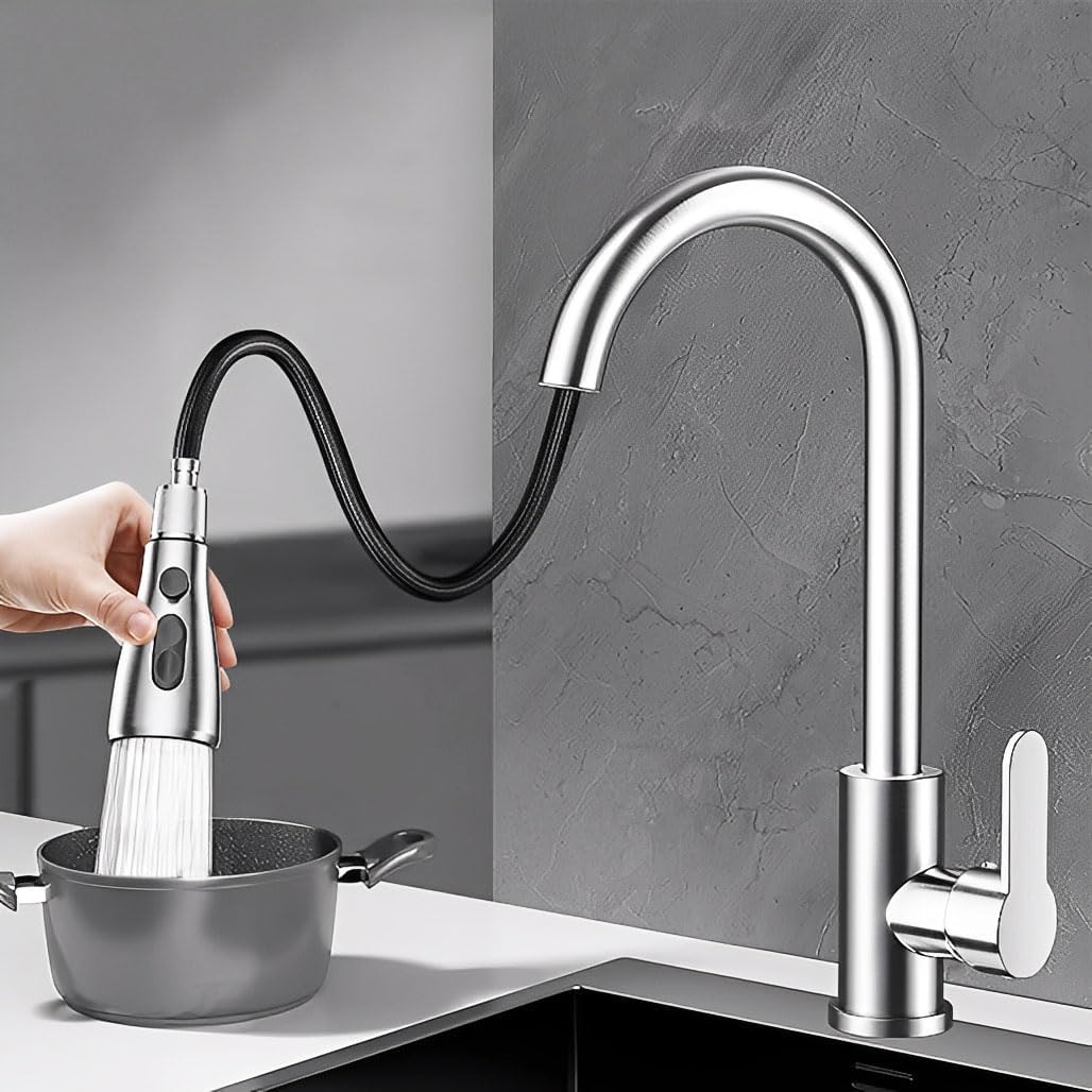 Goodern Kitchen Faucet,Sink Faucet with Pull Down Sprayer,Hot and Cold Mixer Tap,Stainless Steel Faucets with 3 Water Modes,Single Handle High Arc Tap for Home Hotel Apartment-Sliver