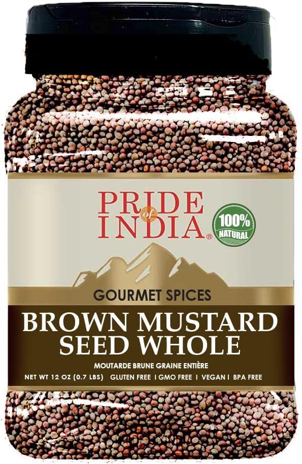 Pride Of India – Brown Mustard Seed Whole – Gourmet Indian Spice – Hot & Spicy Flavor – Ideal Seasoning for sauces/dips/Spice Blends – Easy to Store – 12 oz. Medium Dual Sifter Bottle