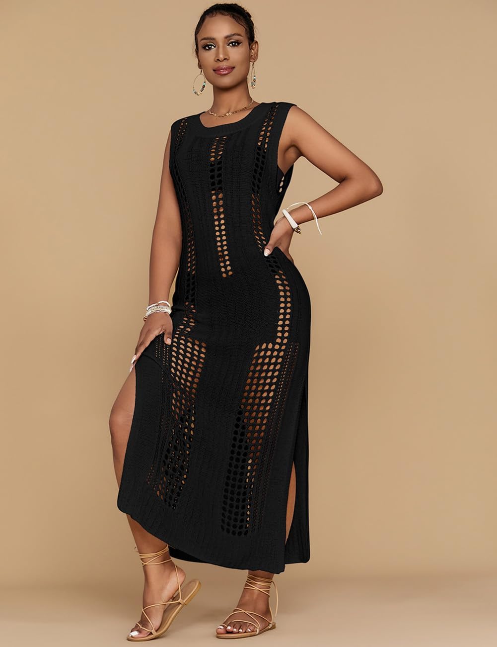 Bsubseach Crochet Beach Cover Ups for Women Sleeveles Swimsuit Coverups Hollow Out Summer Knit Bikini Beachwear Black Large image 3 of 5 B0D2NSSYVC